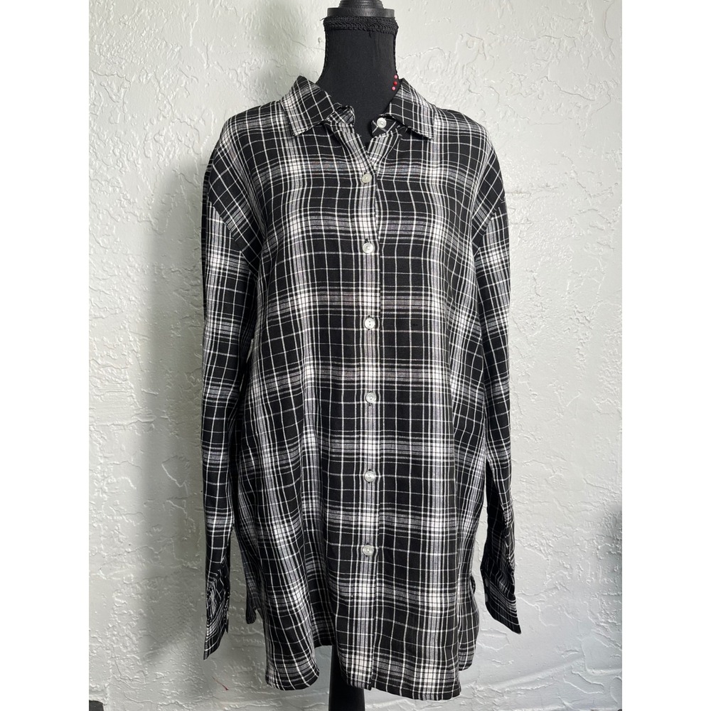 Style & Co XL 100% Linen Black White Plaid Button Down Shirt Tunic